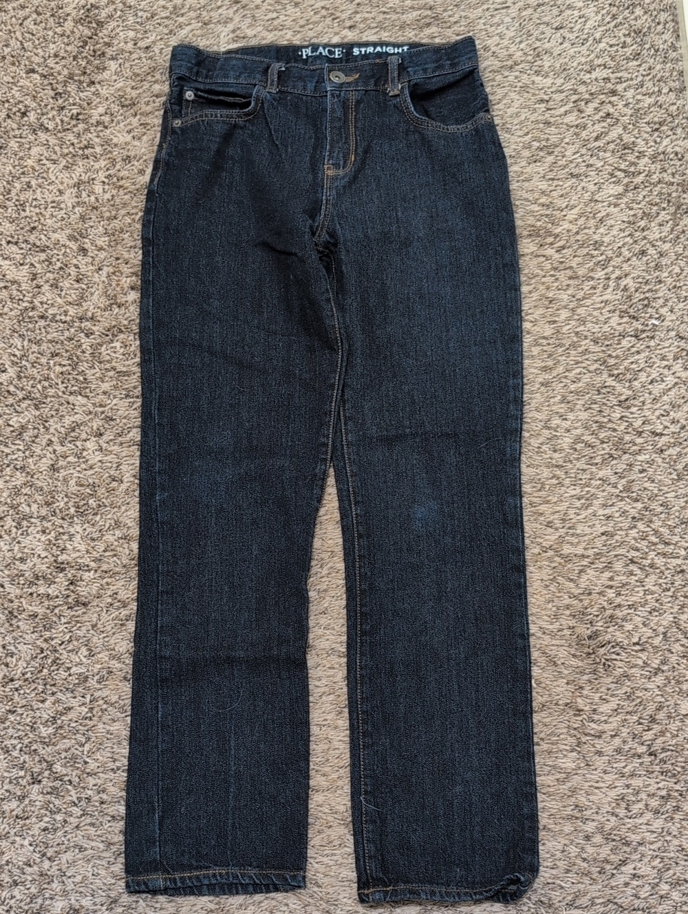The Children's Place Straight Leg Jeans in Dark Blue Denim Boys 14 Adjustable